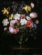 Juan de Arellano Clematis, a Tulip and other flowers in a Glass Vase on a wooden Ledge with a Butterfly oil on canvas
